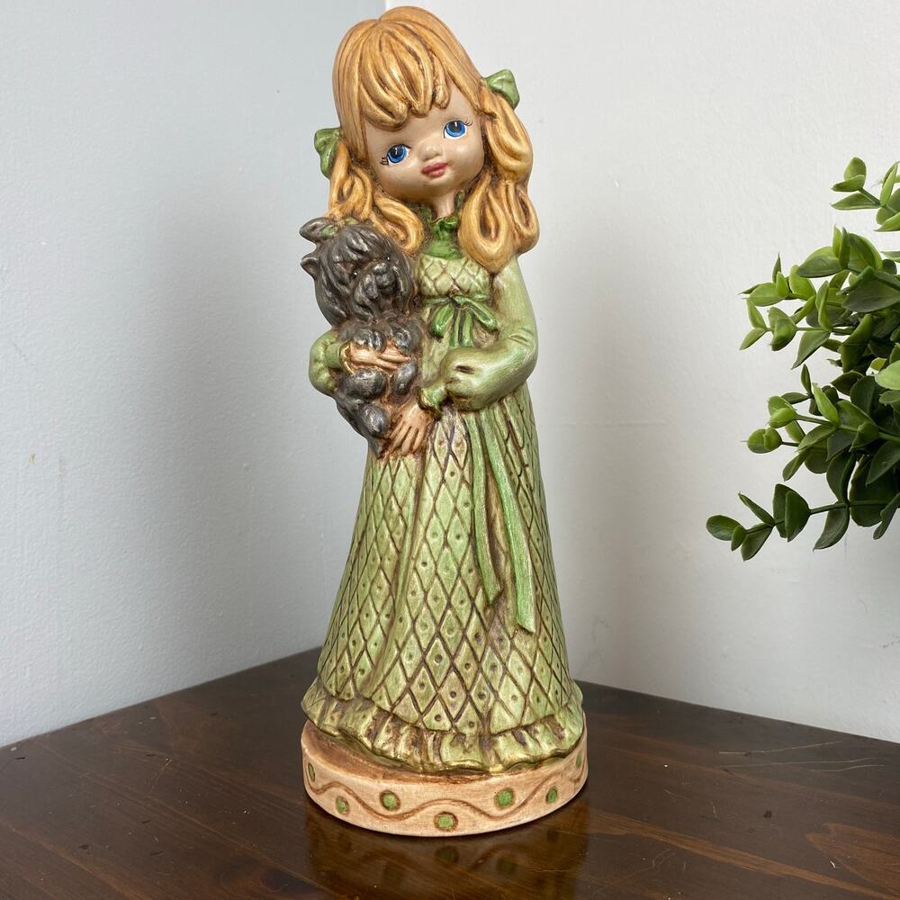 Vintage 70s Ceramic Mod Girl Figurine in Green Dress Puppy Dog 10 1/2” Tall